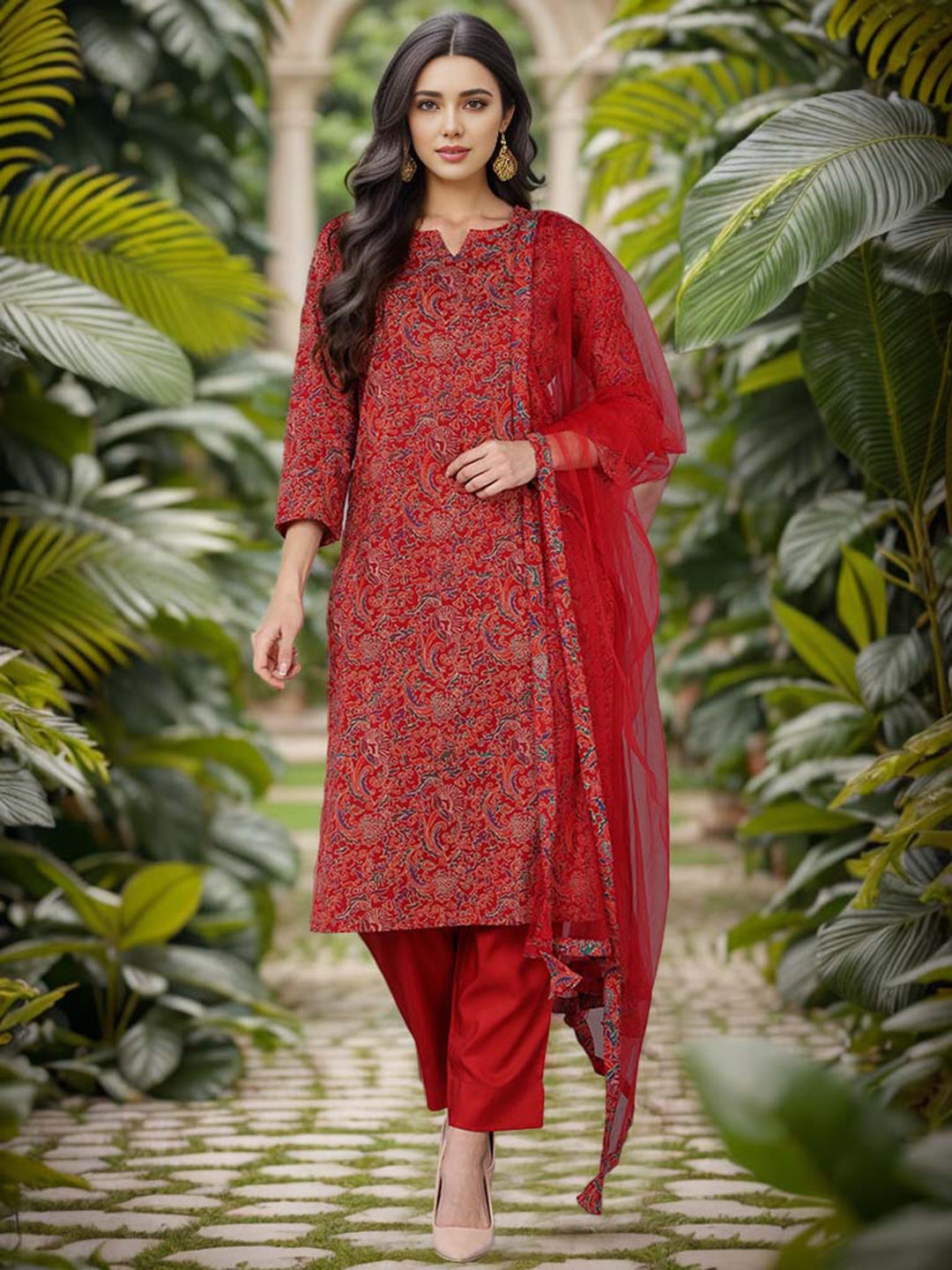 

KALINI Floral Printed Straight Kurta With Trousers & Dupatta, Red