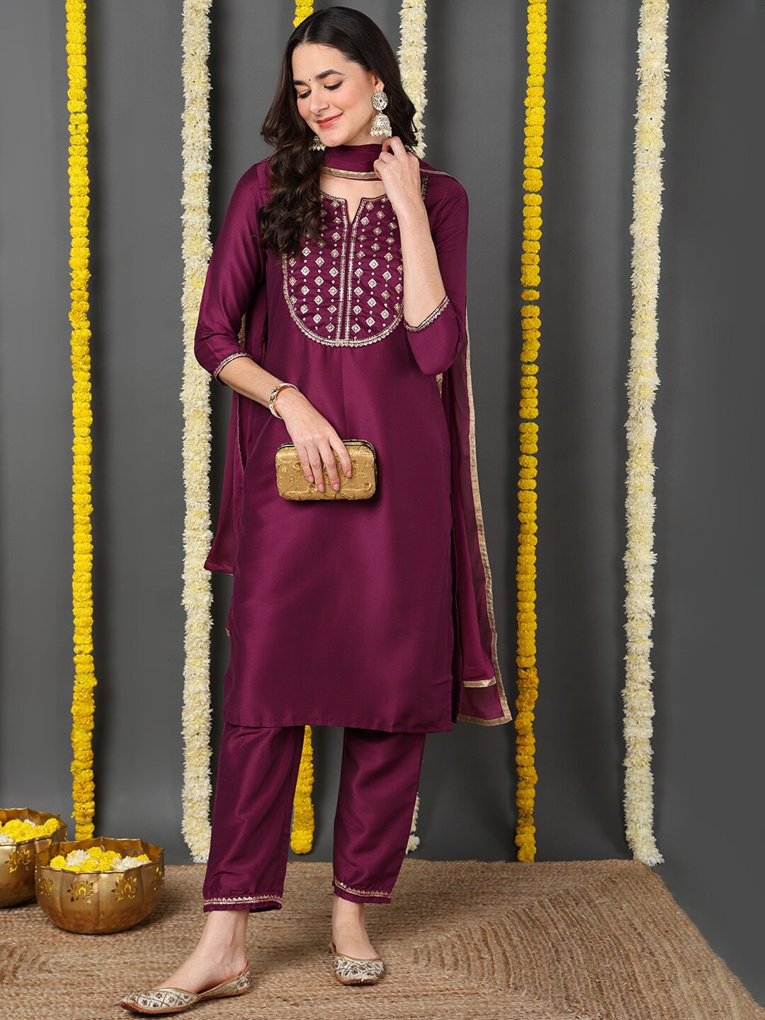 

KALINI Ethnic Motifs Yoke Design Sequinned Kurta & Trousers With Dupatta, Purple