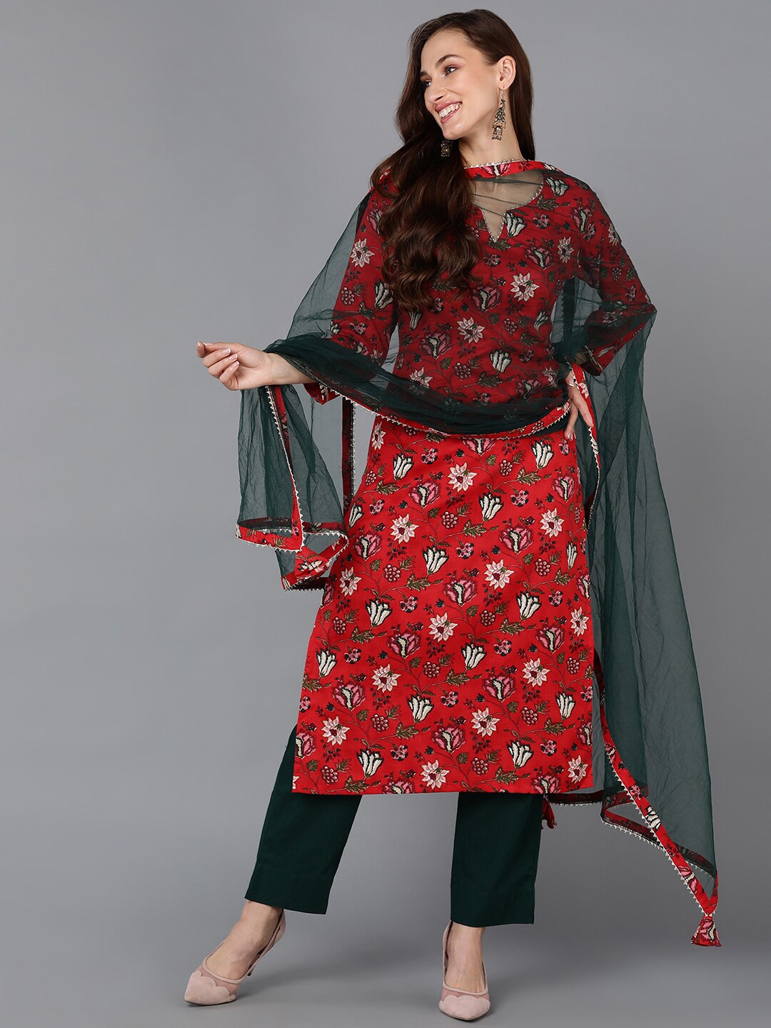 

KALINI Floral Printed Kurta & Trousers With Dupatta, Red