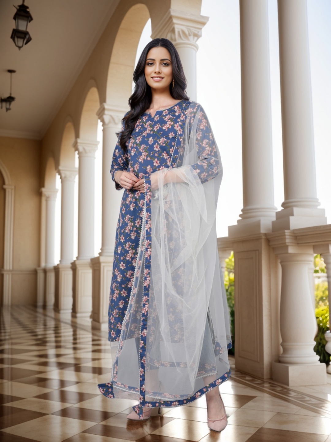 

KALINI Floral Printed Gotta Patti Straight Kurta & Trousers With Dupatta, Blue