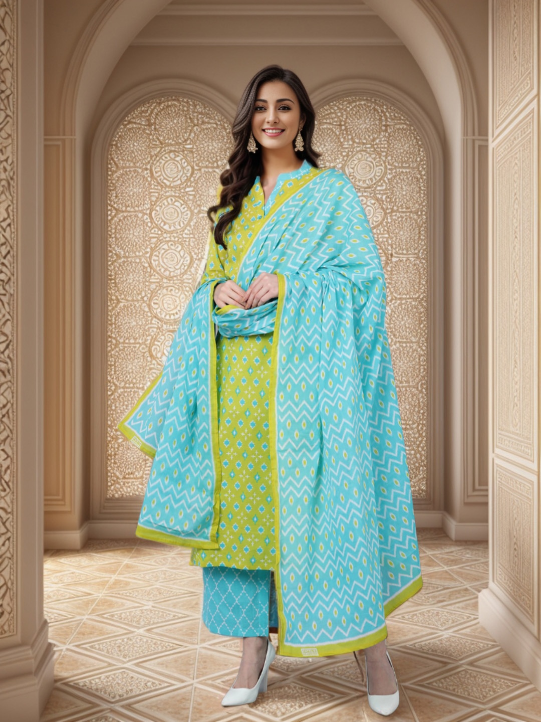 

KALINI Ethnic Motifs Printed Mandarin Collar Straight Kurta & Palazzos With Dupatta, Lime green