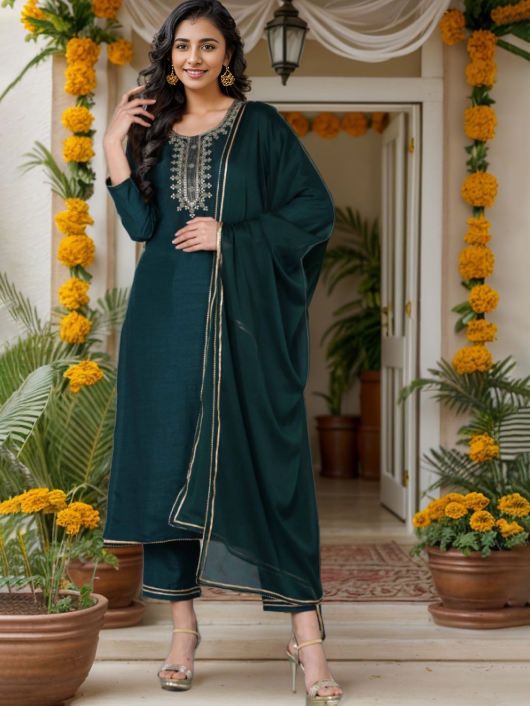 

KALINI Floral Yoke Design Thread Work Kurta With Trousers & Dupatta, Green