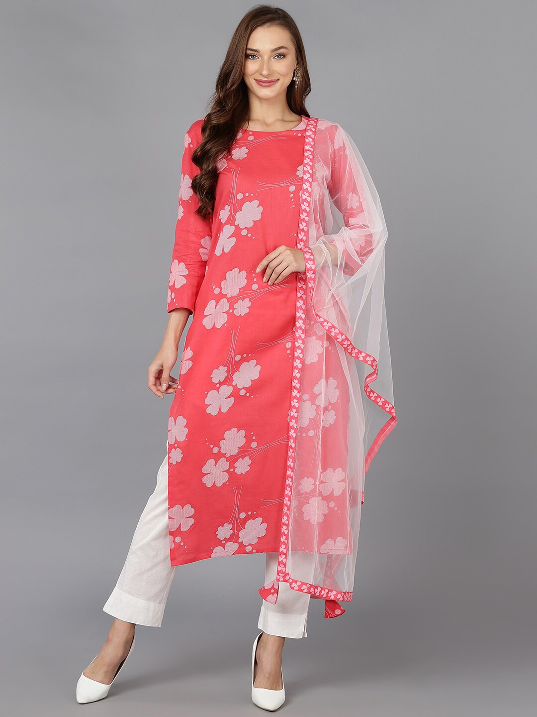 

KALINI Floral Printed Straight Kurta With Trousers & Dupatta, Coral