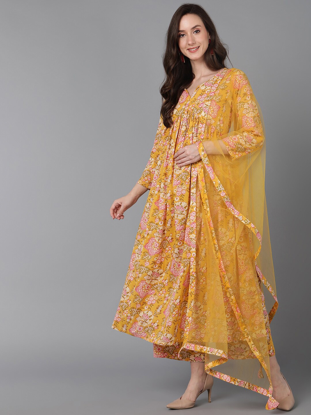 

KALINI Floral Printed Empire A-Line Kurta & Palazzos With Dupatta, Yellow