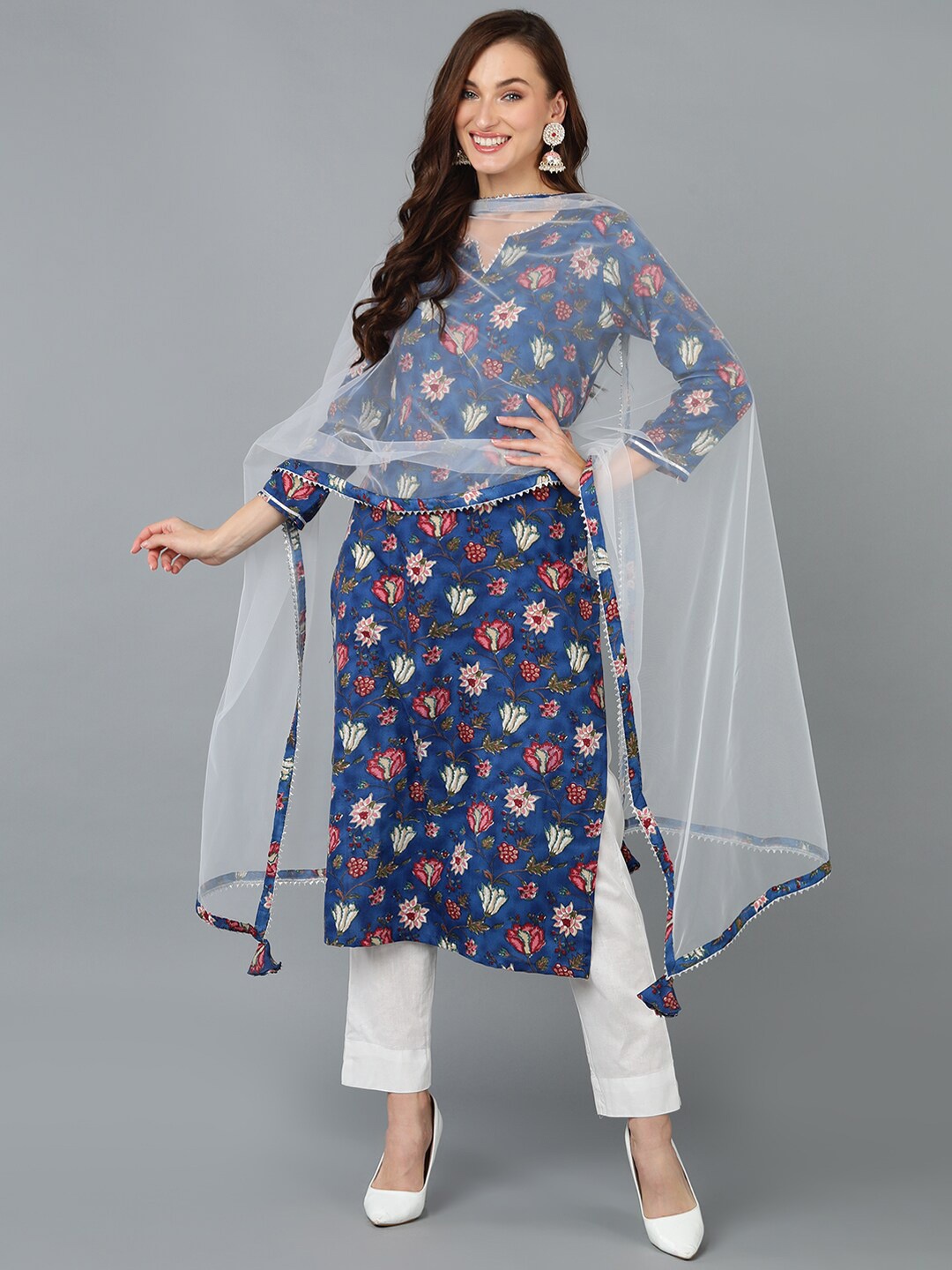 

KALINI Floral Printed Gotta Patti Detail Straight Kurta & Trousers With Dupatta, Blue