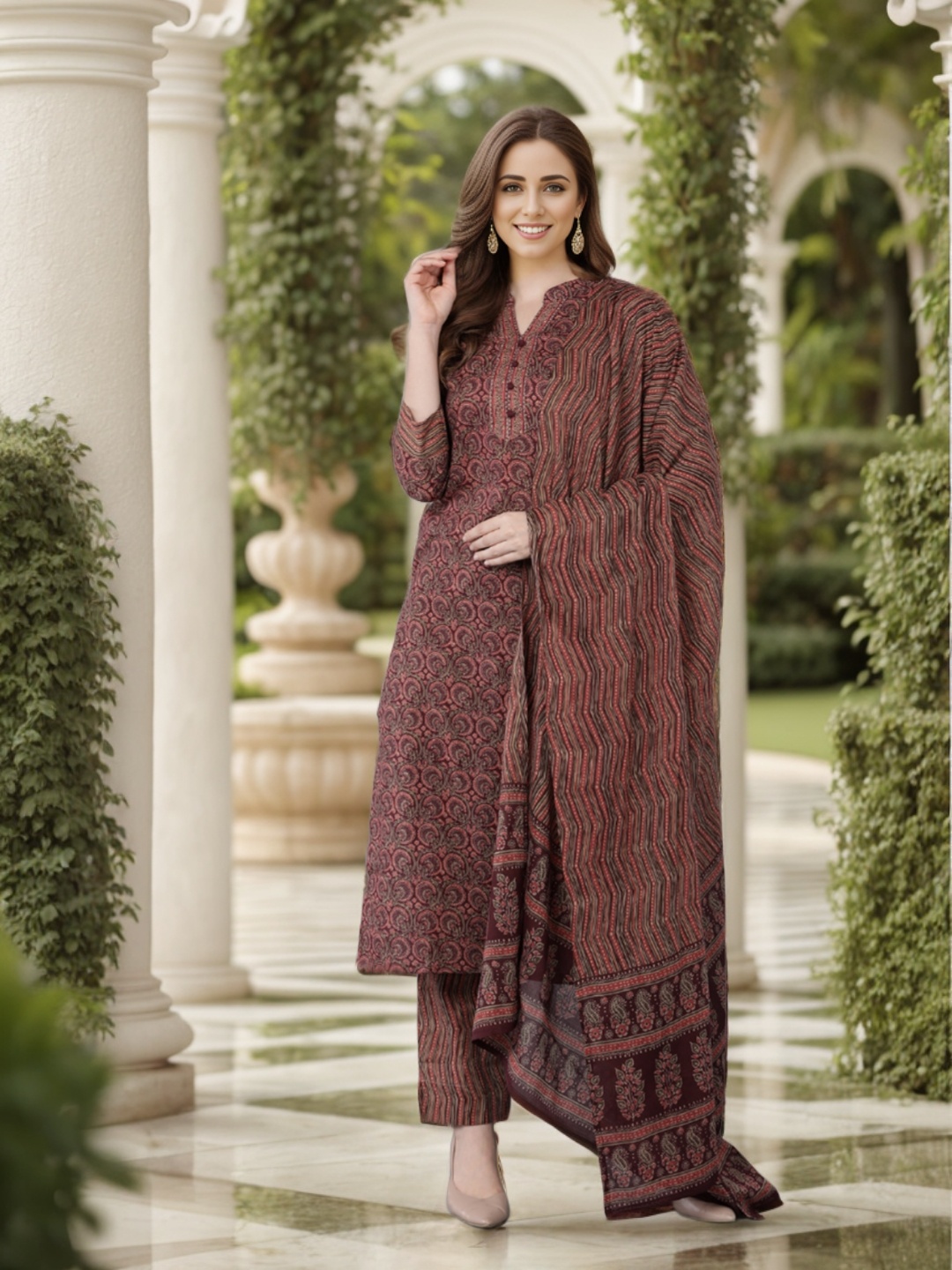 

KALINI Ethnic Motifs Printed Mandarin Collar Straight Kurta & Trousers With Dupatta, Maroon