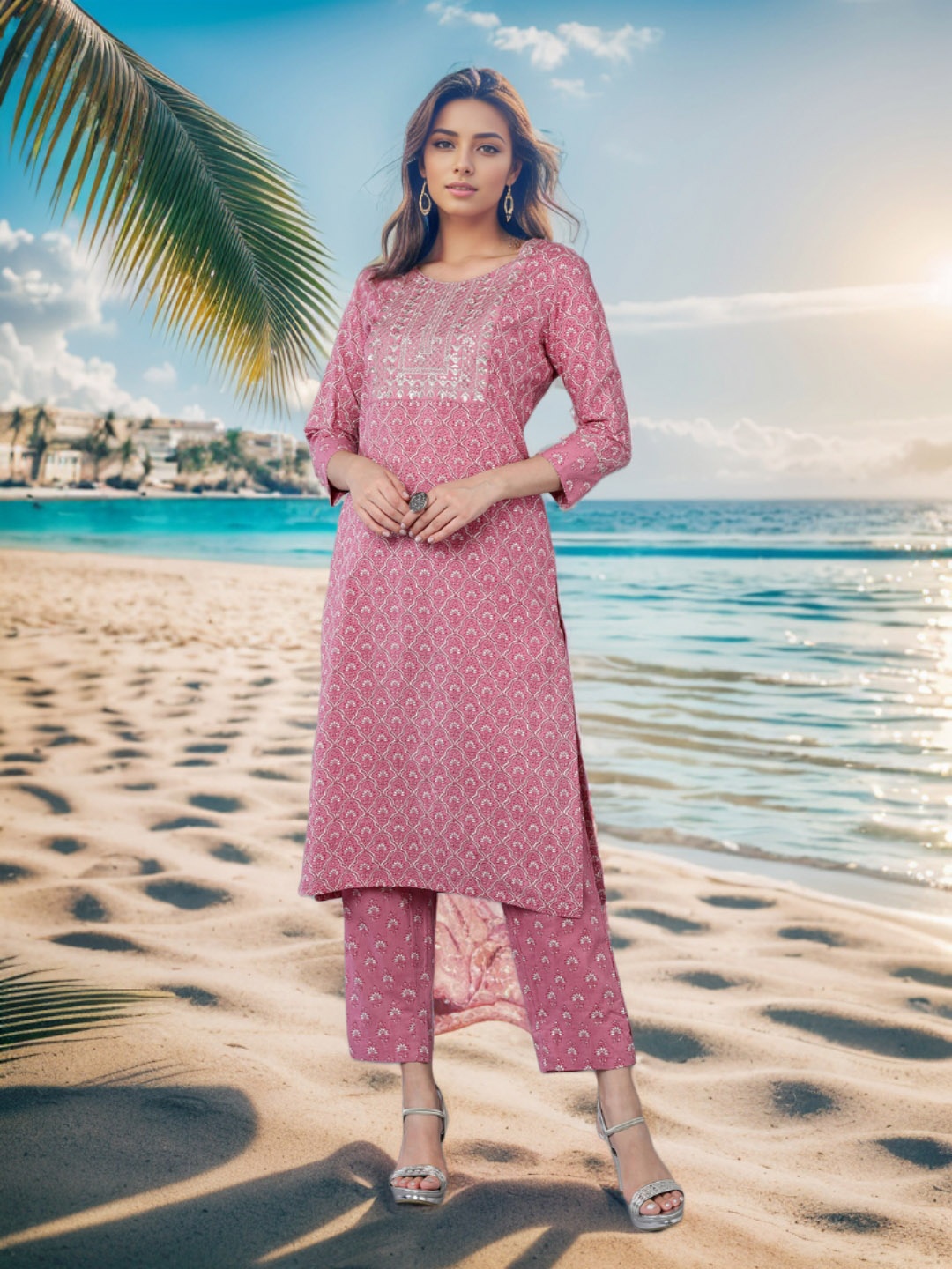 

KALINI Ethnic Motifs Printed Thread Work Kurta With Trousers, Pink