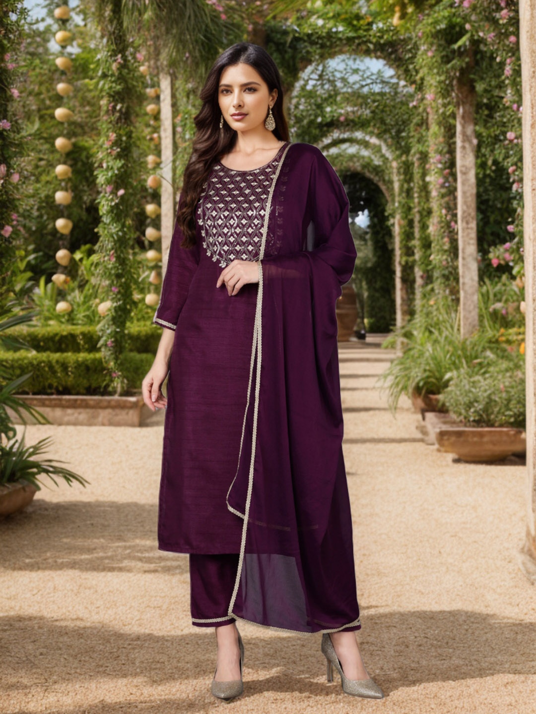 

KALINI Floral Yoke Design Thread Work Kurta With Trousers & Dupatta, Purple