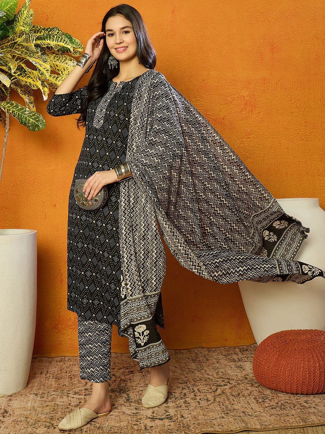 

KALINI Geometric Printed Straight Kurta With Trousers & Dupatta, Black