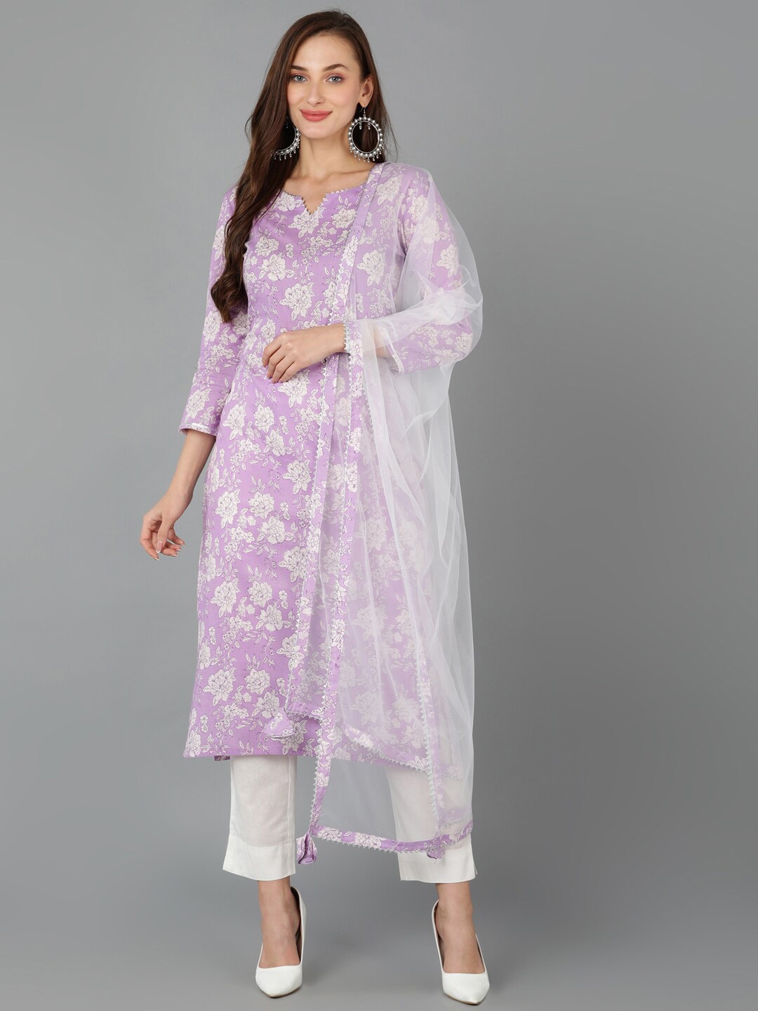 

KALINI Floral Printed Gotta Patti Kurta With Trousers & Dupatta, Purple