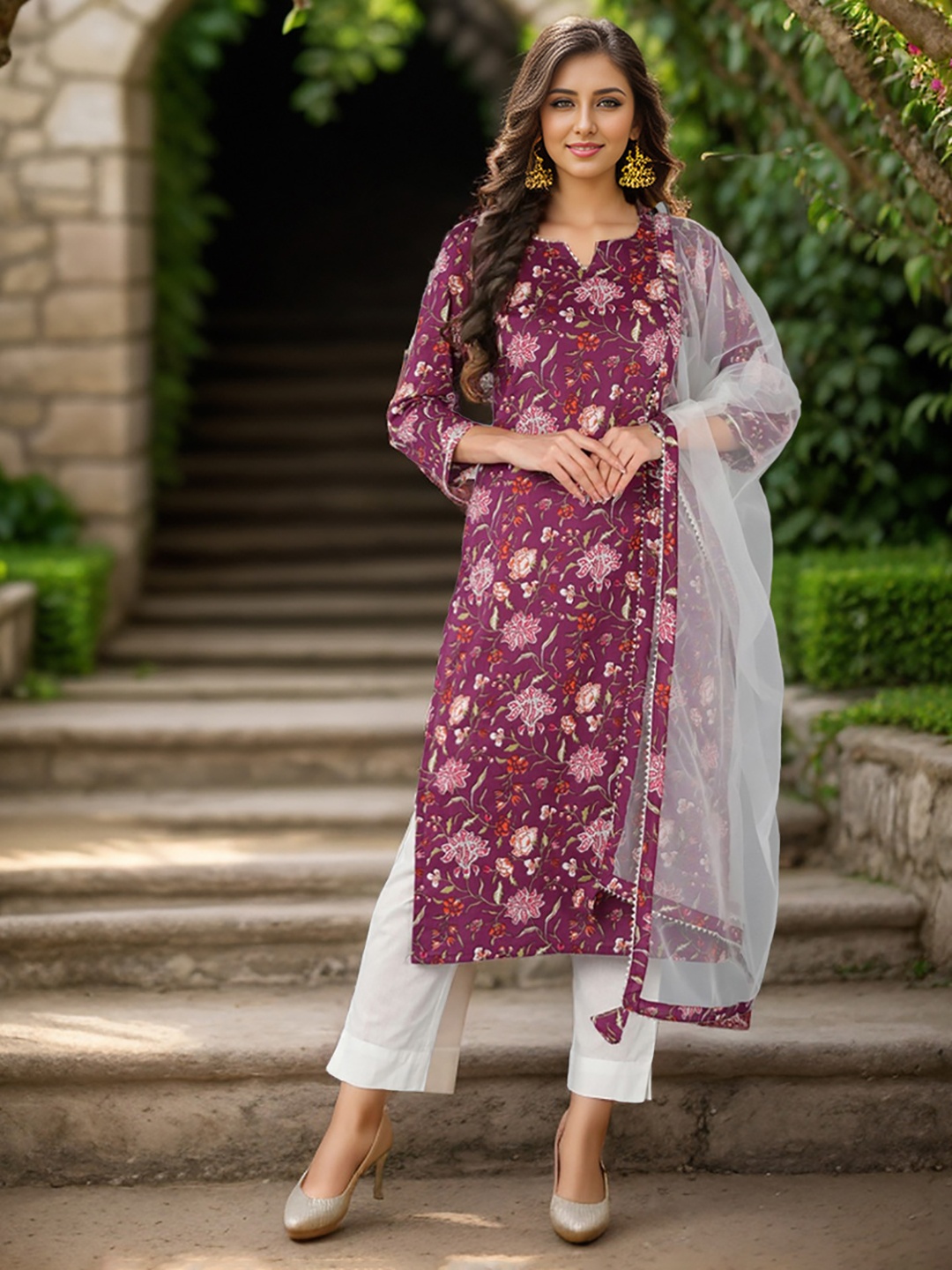 

KALINI Floral Printed Straight Kurta & Trousers With Dupatta, Purple