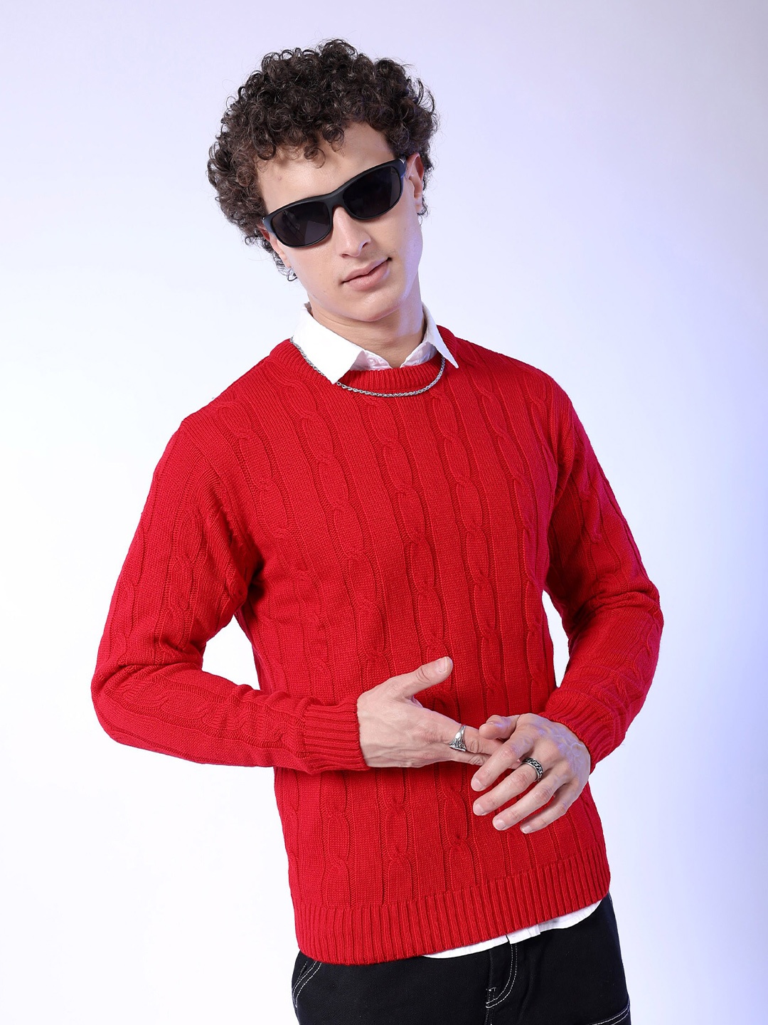 

The Indian Garage Co Round Neck Cable Knit Pullover Sweater, Red