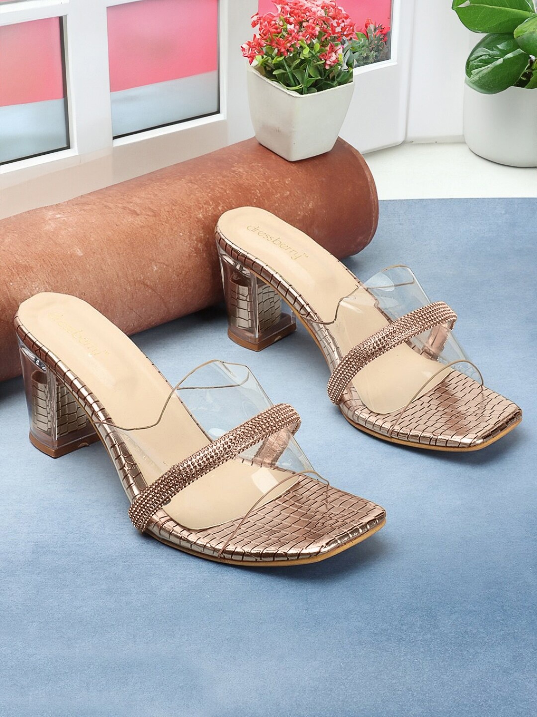 

DressBerry Rose Textured Embellished Open Toe Block Heels