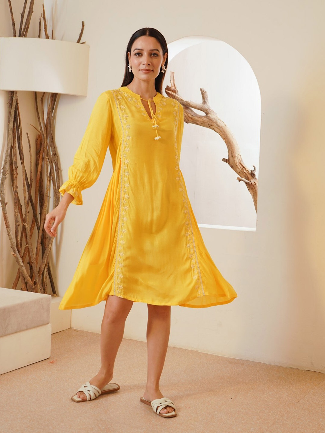 

NERO Tie-Up Neck Silk A-Line Dress, Yellow