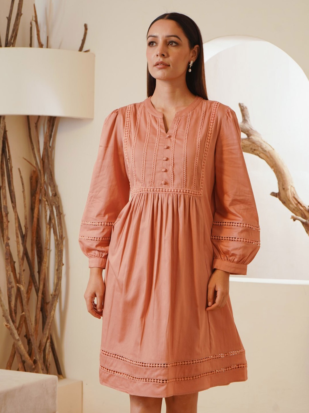 

NERO Mandarin Collar Gathered Cotton A-Line Dress, Rose