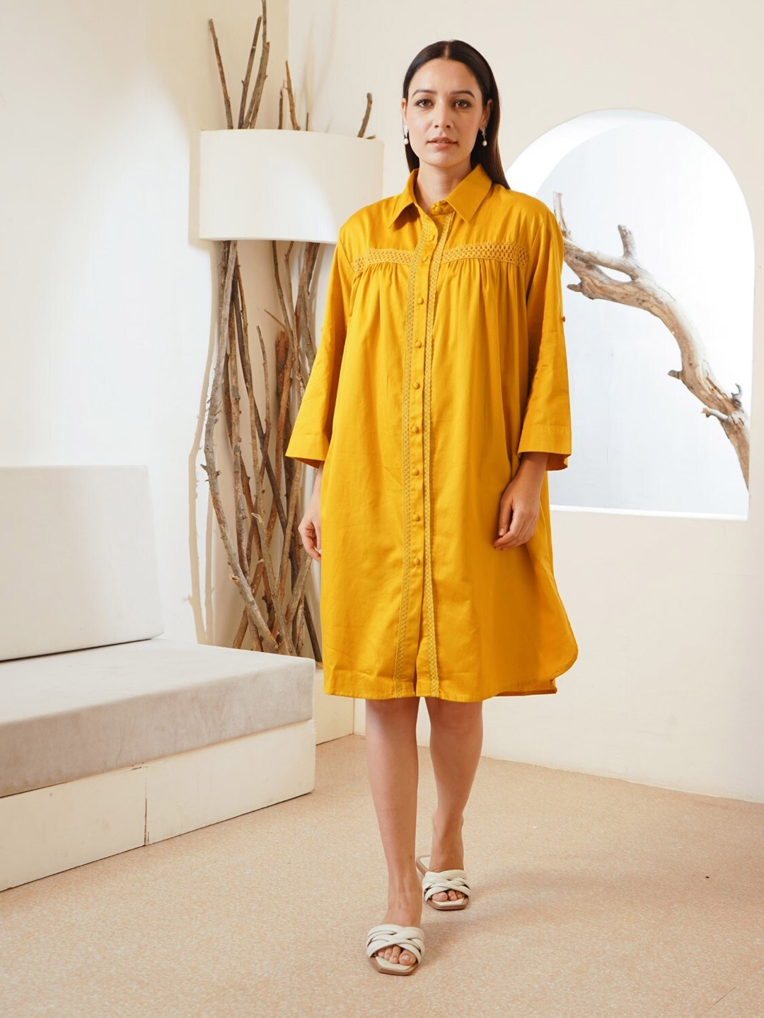 

NERO Bell Sleeves Shirt Dress, Yellow