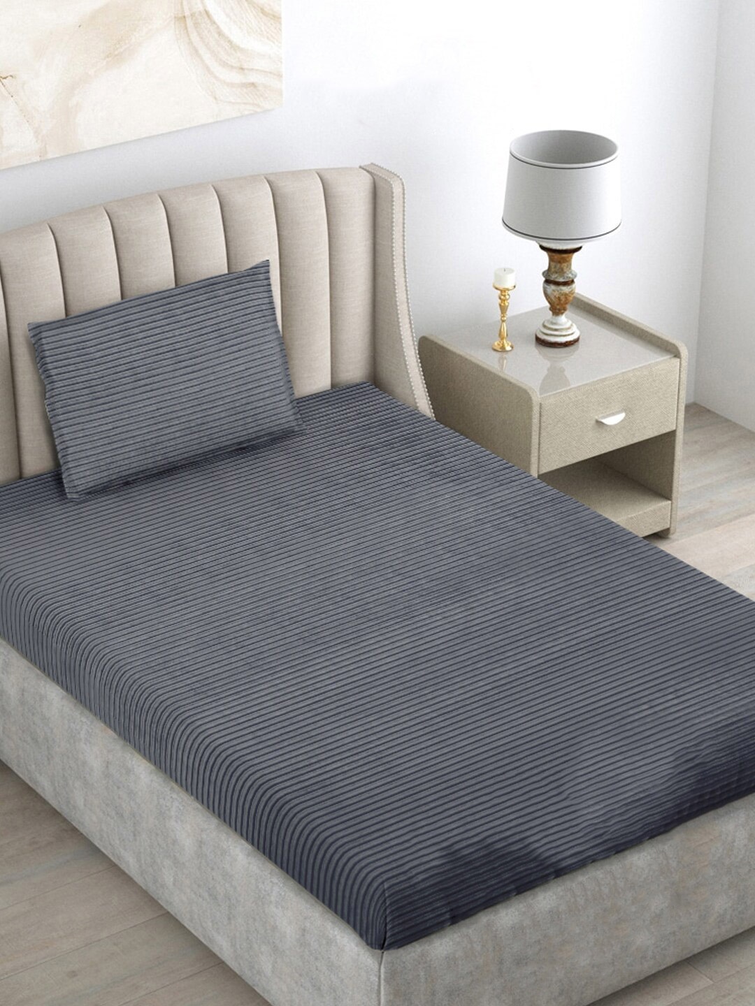 

FABINALIV Grey Striped 300 TC Woollen Single Bedsheet with Pillow Cover