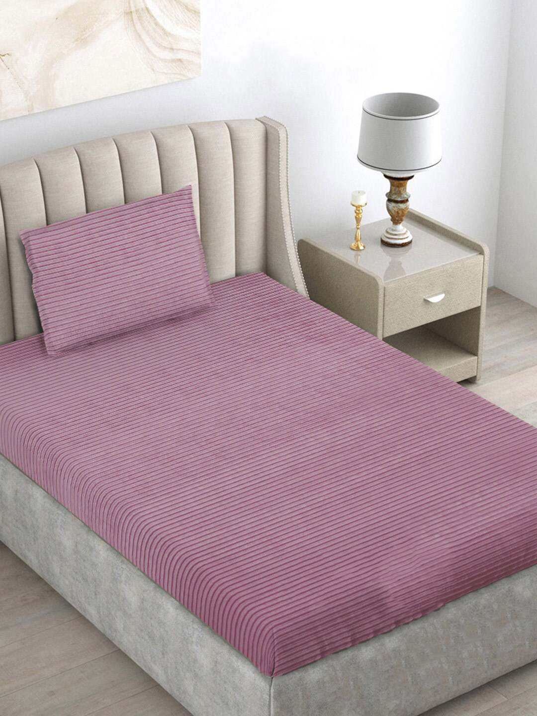 

FABINALIV Pink Striped 300 TC Woollen Single Bedsheet with Pillow Cover