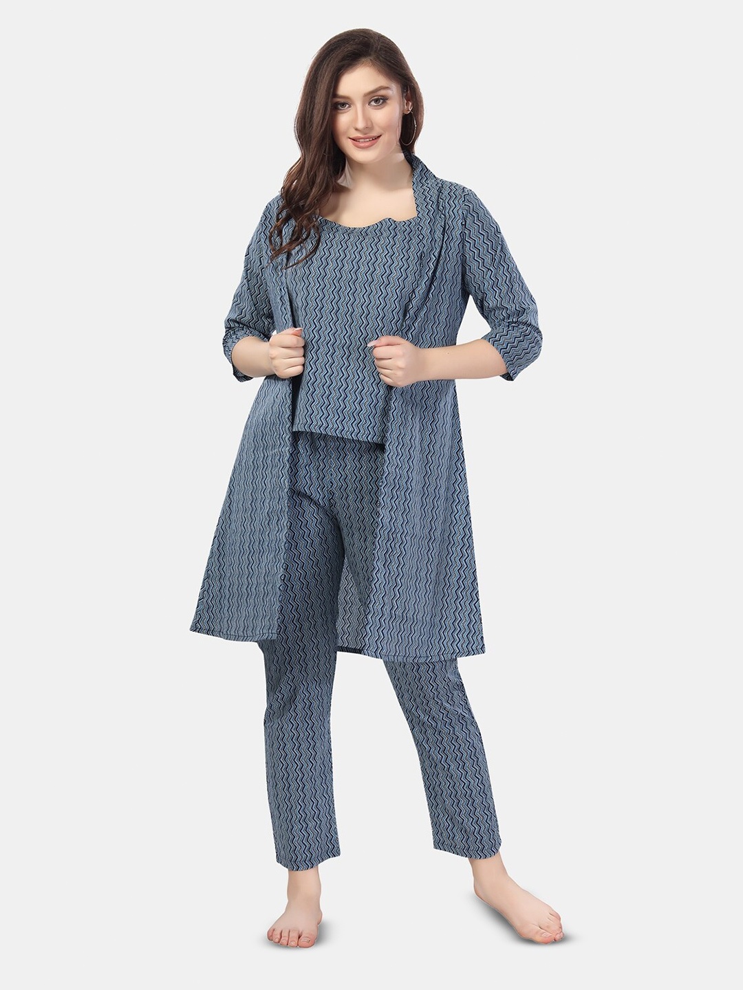 

Fabme 3 Piece Printed Pure Cotton Night suit, Navy blue