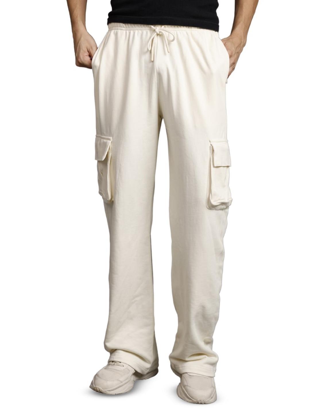 

PRONK Men Cotton Relaxed-Fit Cargo Track Pants, Off white