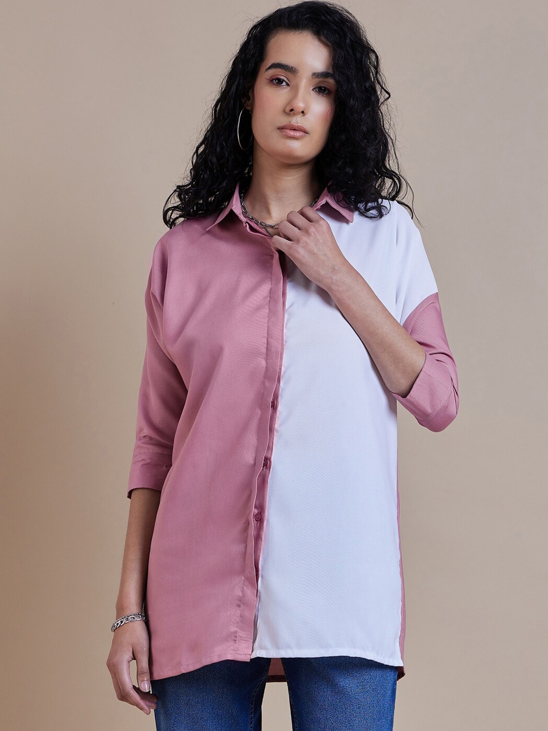 

Roadster Colourblocked Spread Collar Oversized Casual Shirts, Pink