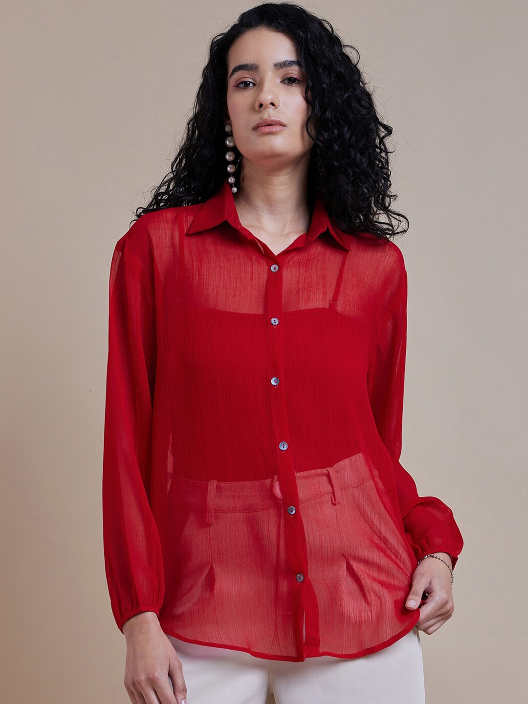 

Roadster Spread Collar Sheer Shirts, Red