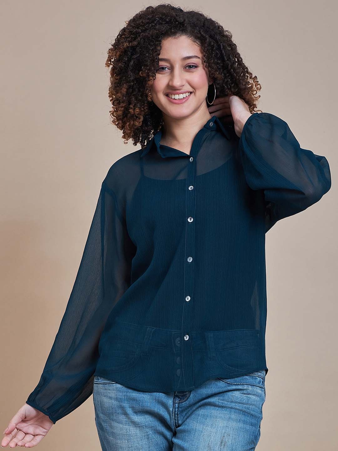 

Roadster Sheer Spread Collar Casual Shirts, Blue