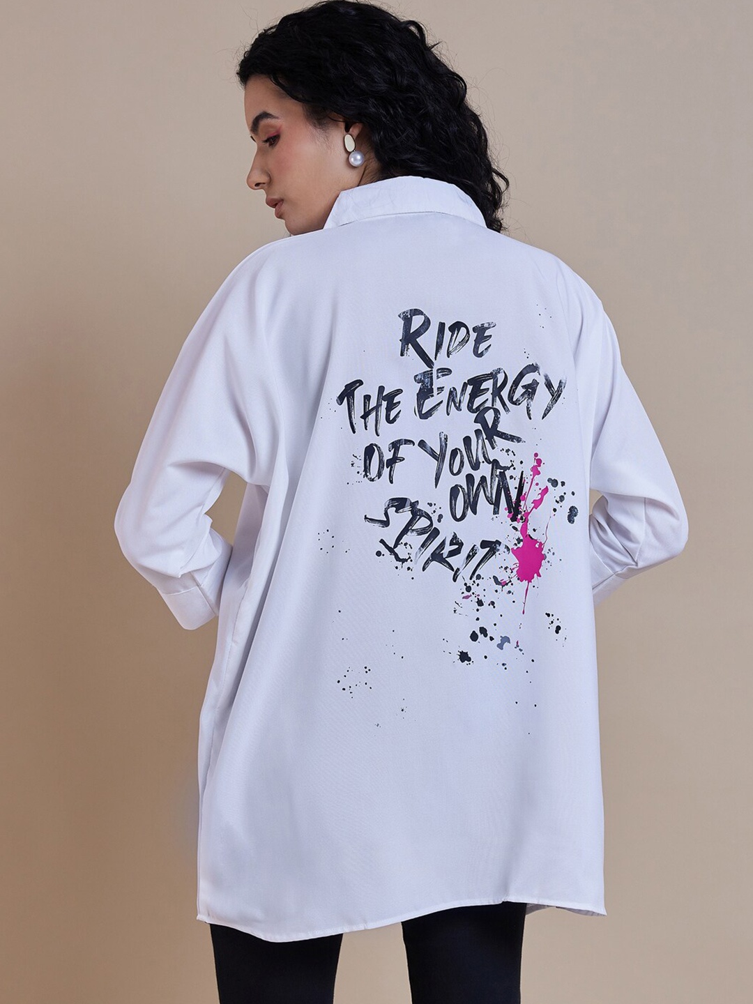 

The Roadster Lifestyle Co. Graphic Printed Spread Collar Oversized Casual Shirts, White