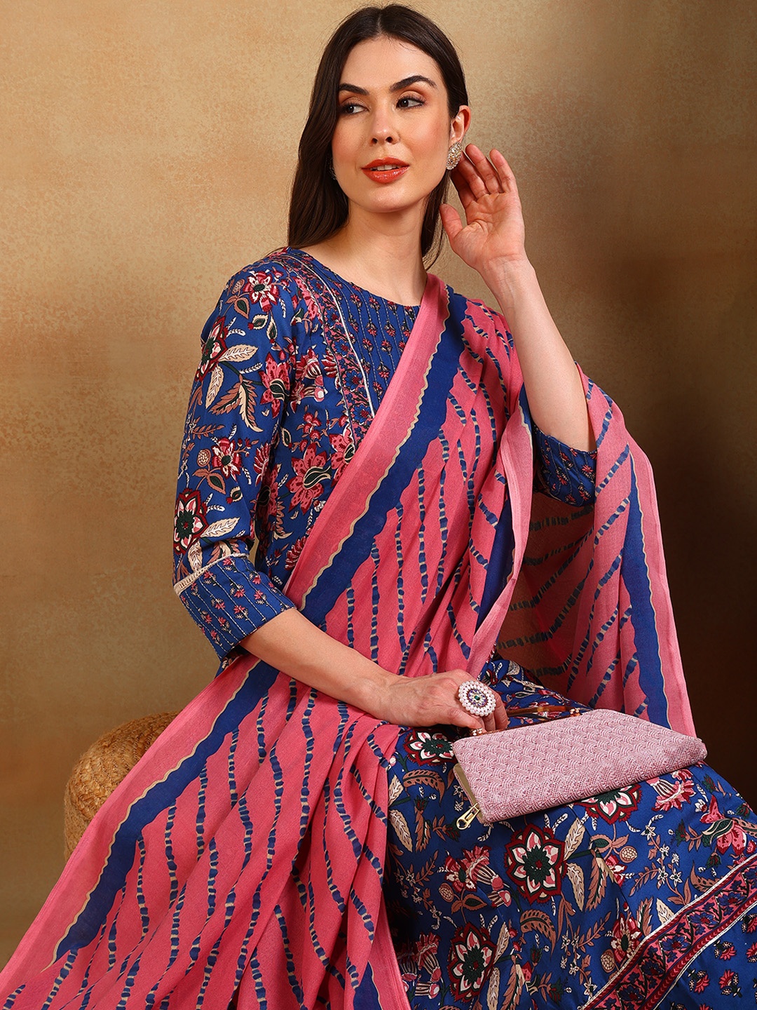 KALINI Ethnic Motifs Printed A-Line Kurta With Trousers & Dupatta, Blue