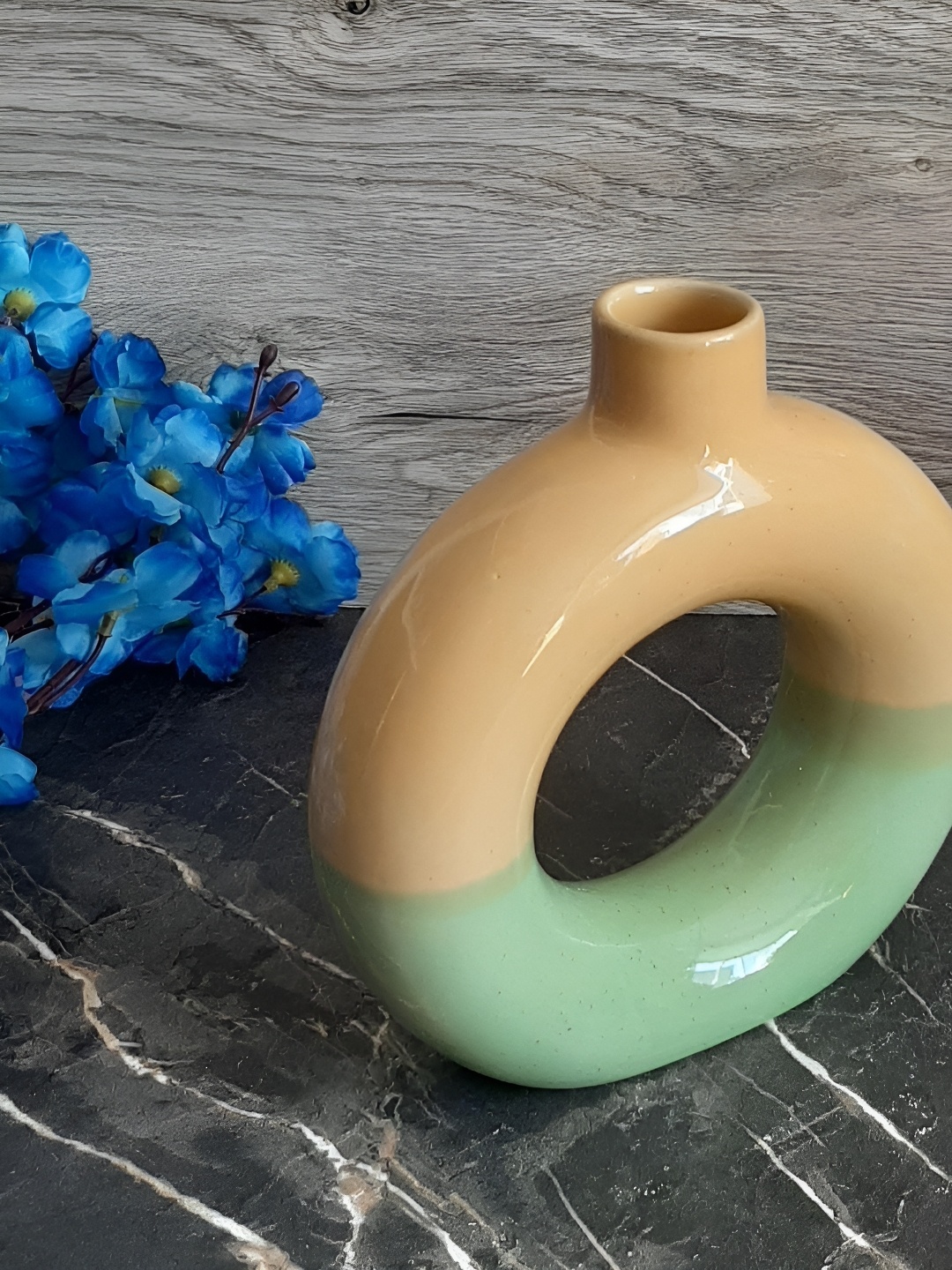 

INDIA MEETS INDIA Yellow & Green Colourblocked Donut Shaped Planter