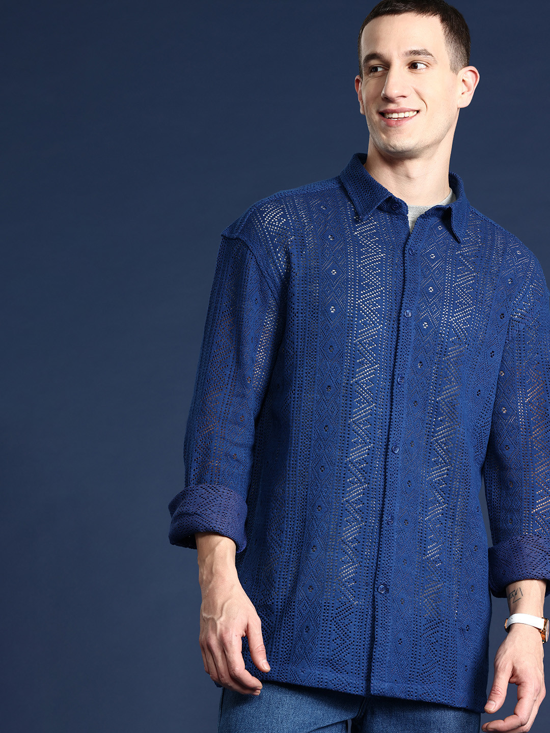 

Mast & Harbour Men Relaxed Sheer Casual Shirt, Navy blue