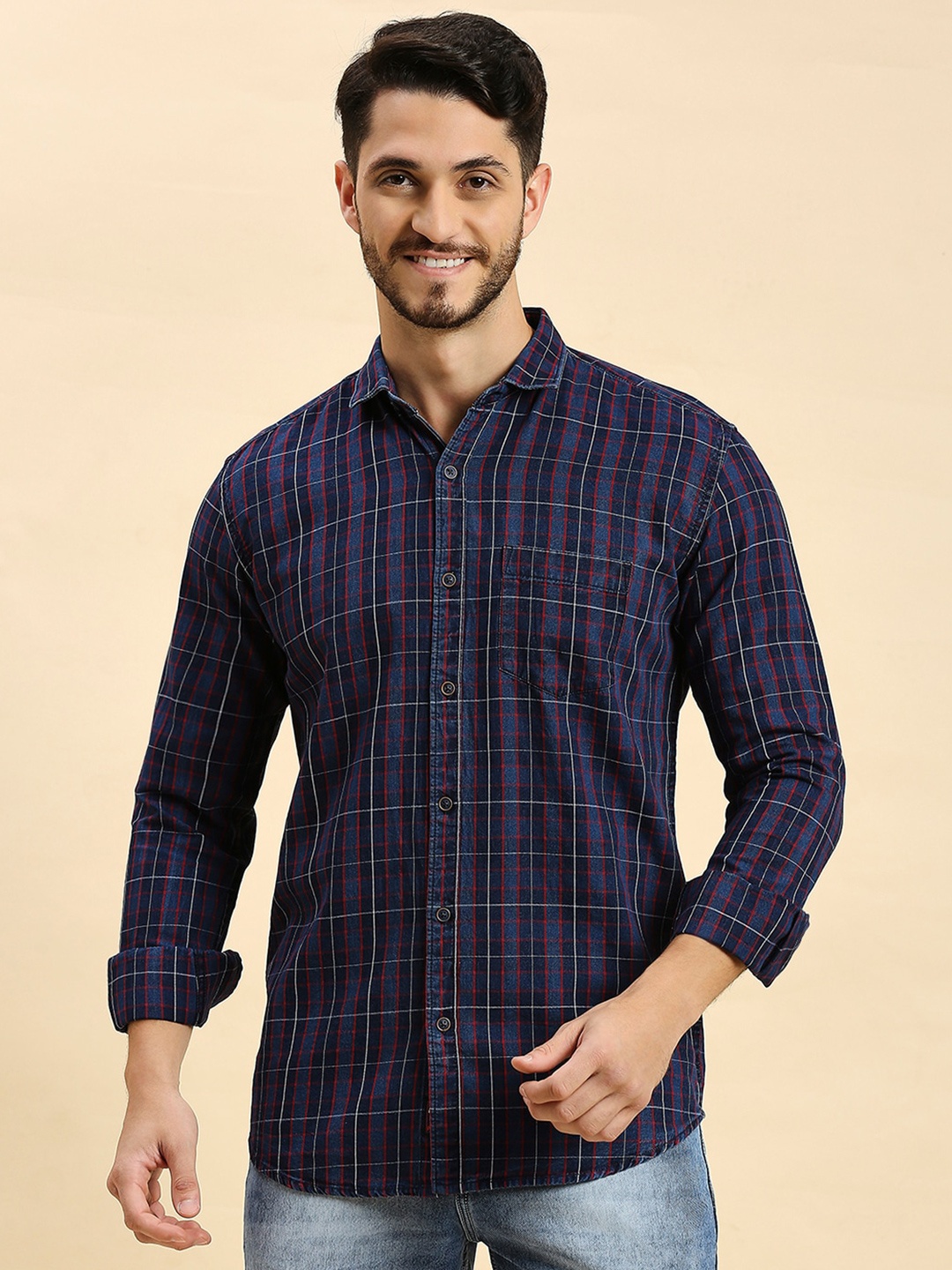 

HJ HASASI Cotton Tartan Checked Slim Fit Opaque Casual Shirt, Navy blue