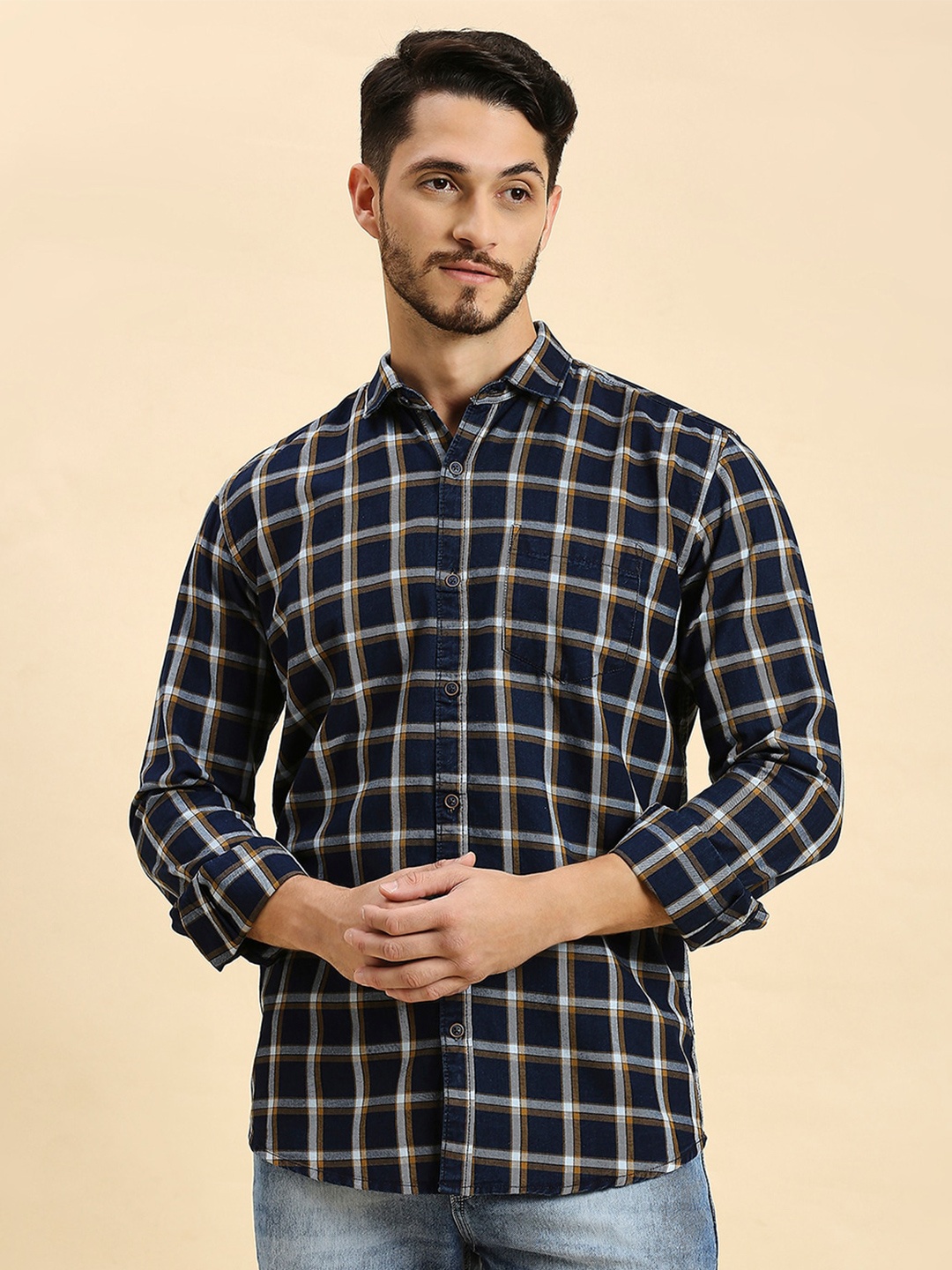 

HJ HASASI Spread Collar Cotton Checked Slim Fit Opaque Casual Shirt, Navy blue
