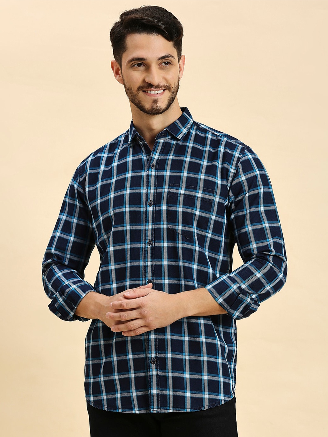 

HJ HASASI Spread Collar Cotton Tartan Checked Slim Fit Opaque Casual Shirt, Navy blue
