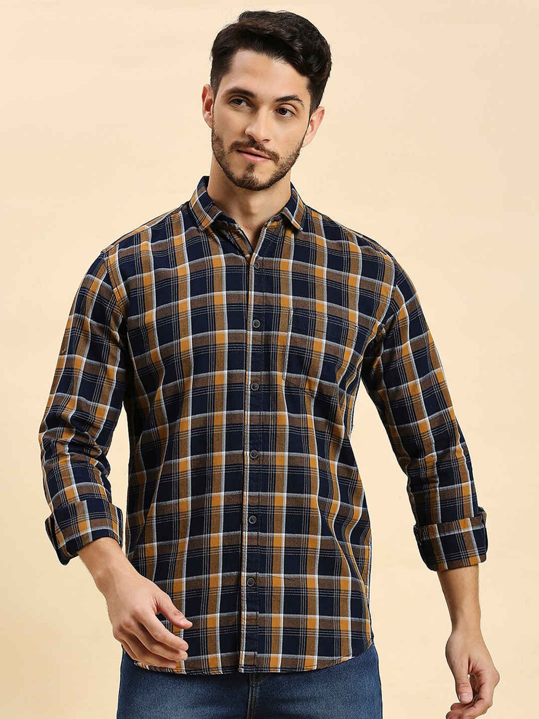 

HJ HASASI Slim Fit Tartan Checks Semi Sheer Cotton Casual Shirt, Navy blue