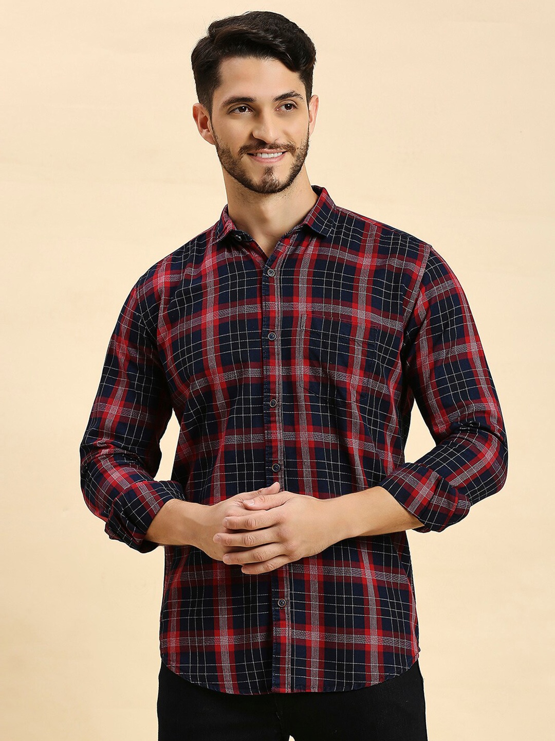 

HJ HASASI Slim Fit Tartan Checks Semi Sheer Cotton Casual Shirt, Navy blue