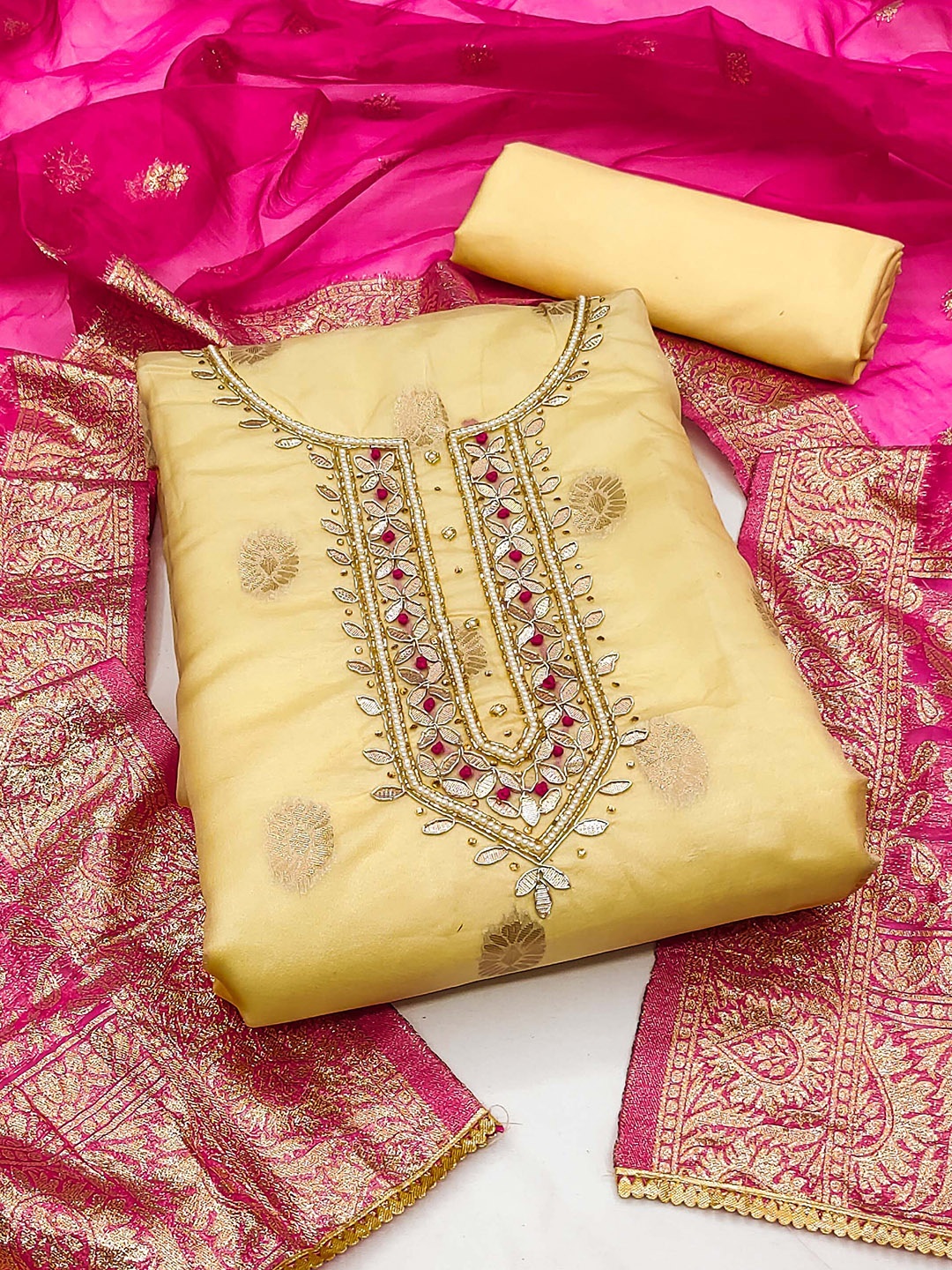 

KALINI Ethnic Motifs Woven Design Beads and Stones Organza Unstitched Dress Material, Yellow