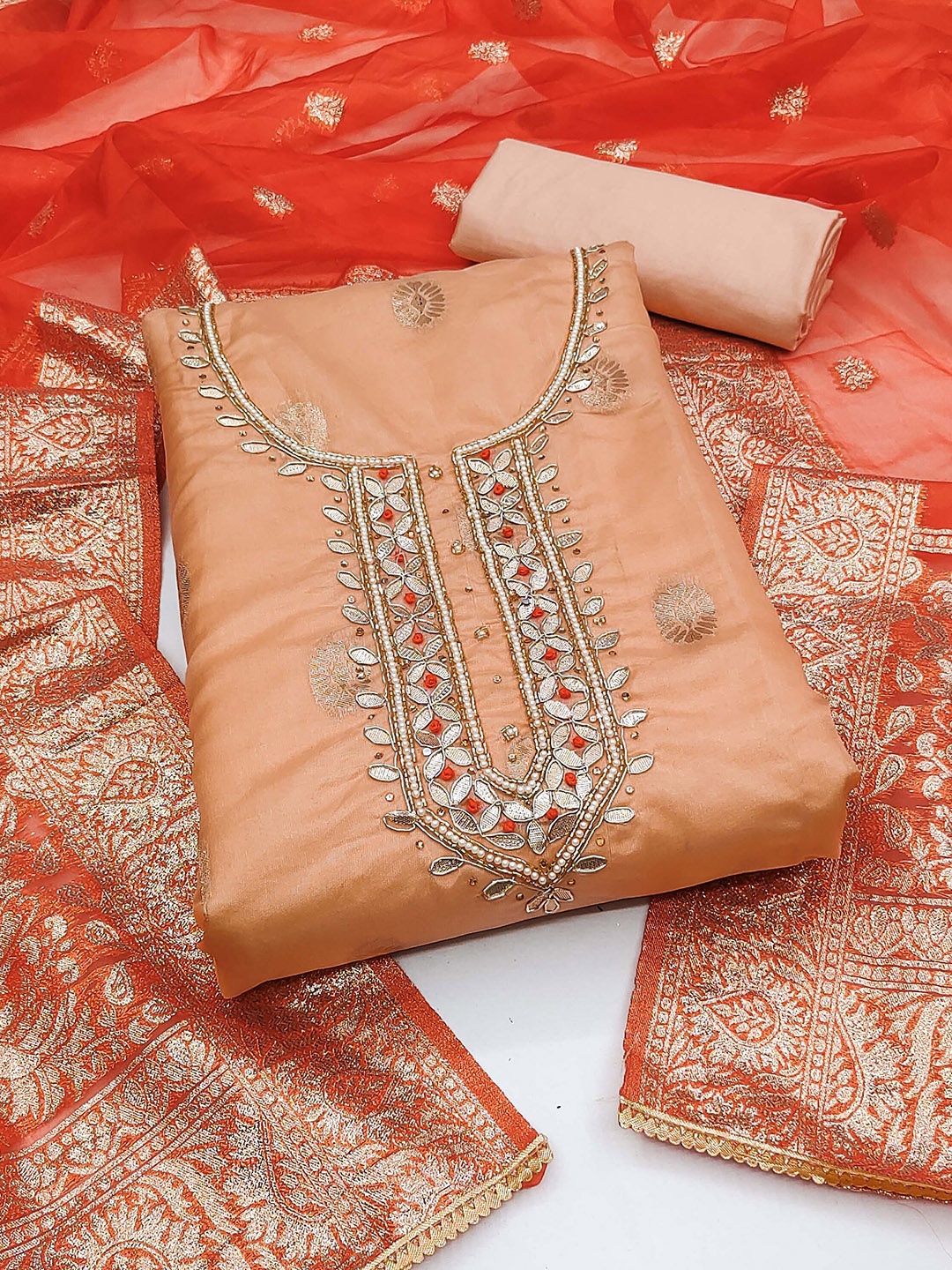 

KALINI Ethnic Motifs Woven Design Beads and Stones Detail Unstitched Dress Material, Peach