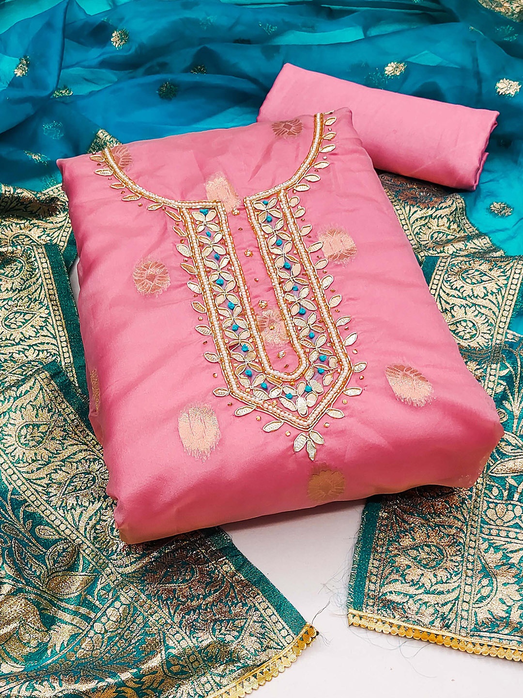 

KALINI Ethnic Motifs Woven Design Beads and Stones Detail Unstitched Dress Material, Pink