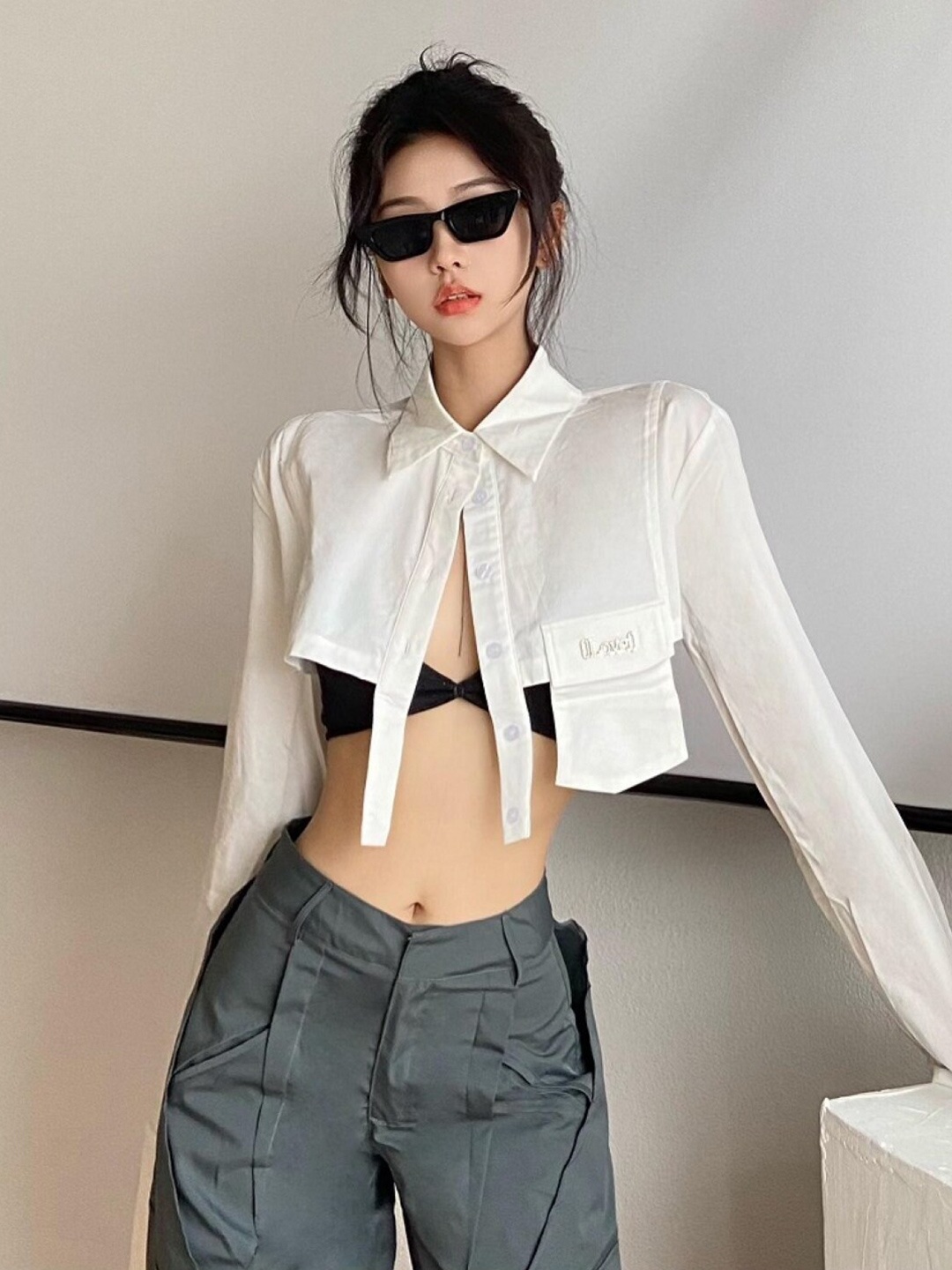

Stylecast X KPOP White Cotton Shirt Style Crop Top