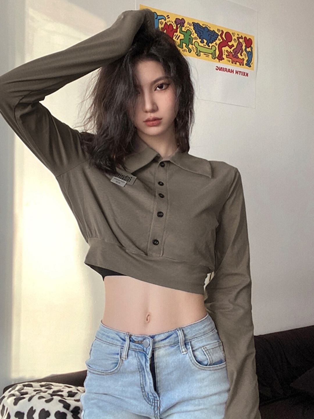 

Stylecast X KPOP Grey Cotton Shirt Style Crop Top