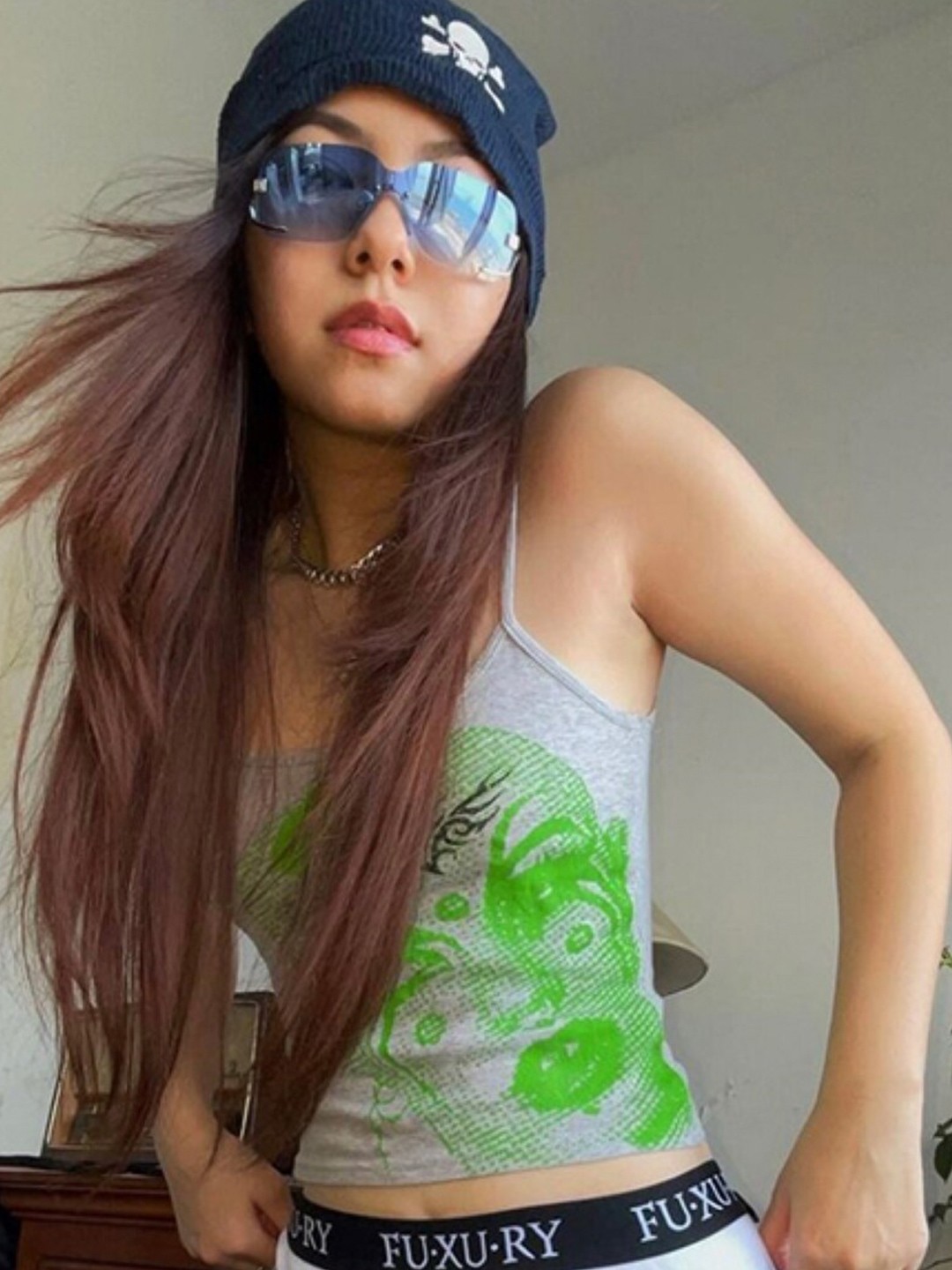 

Stylecast X KPOP Grey Graphic Printed Shoulder Straps Cotton Crop Top