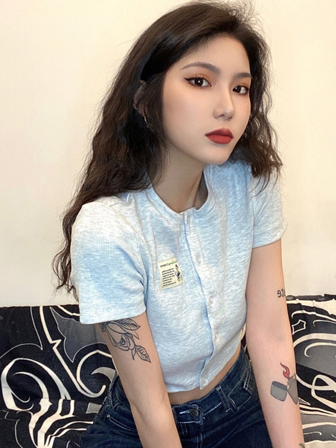 

Stylecast X KPOP Abstract Printed Cotton Shirt Style Crop Top, Grey