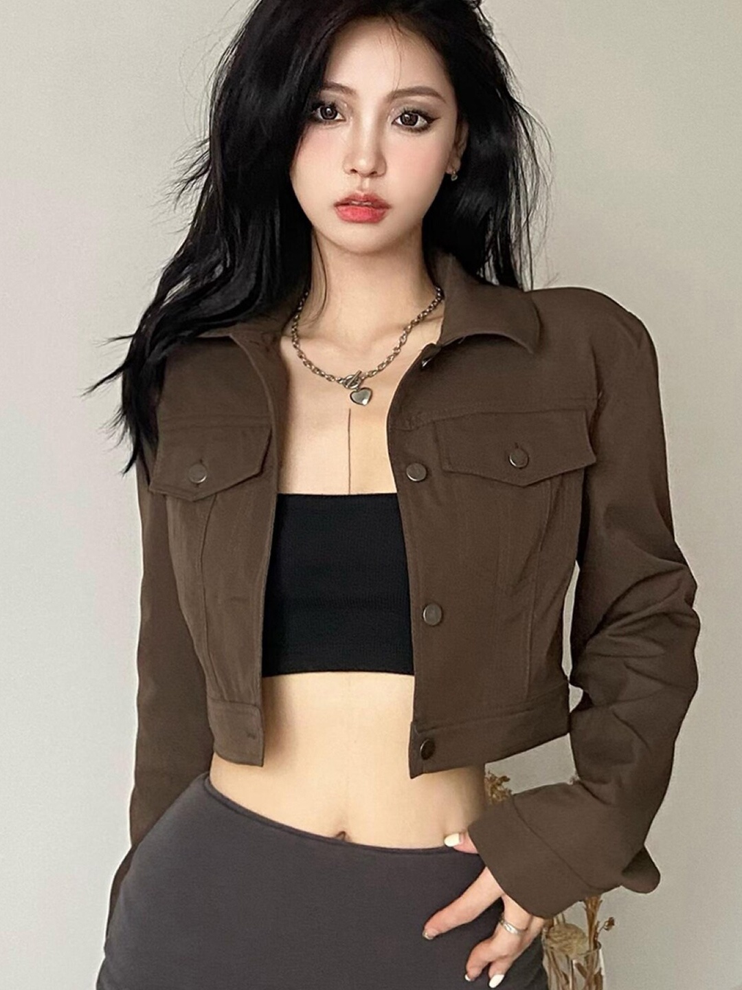 

Stylecast X KPOP Spread Collar Long Sleeves Washed Crop Denim Jacket, Brown