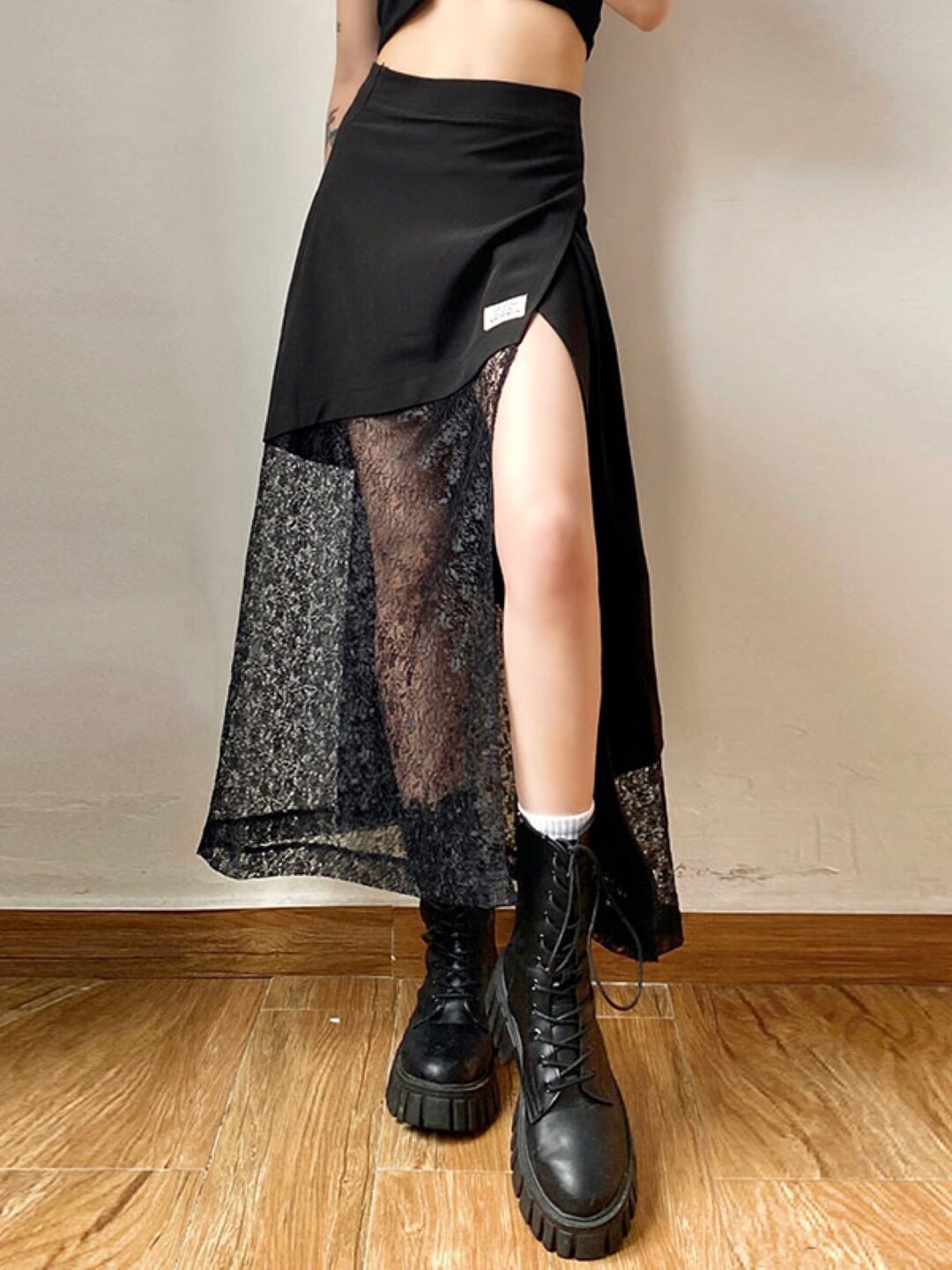 

Stylecast X KPOP Self Design Lace Flared Midi Skirt, Black