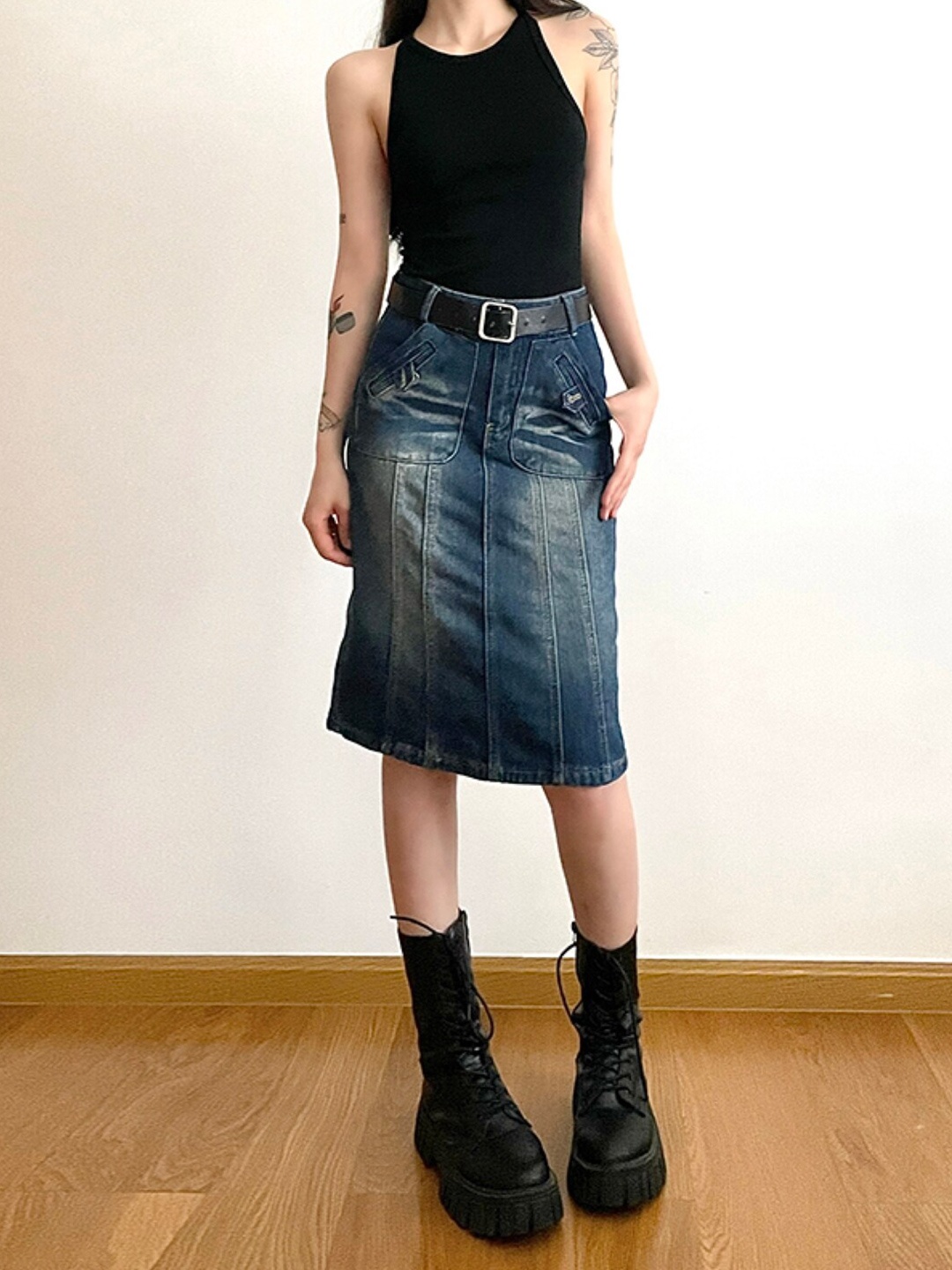 

Stylecast X KPOP Pure Cotton Straight Knee Length Skirt, Blue