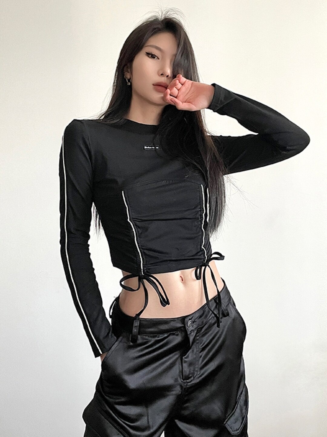 

Stylecast X KPOP High Neck Tie-Ups Detail Cotton Crop Fitted Top, Black