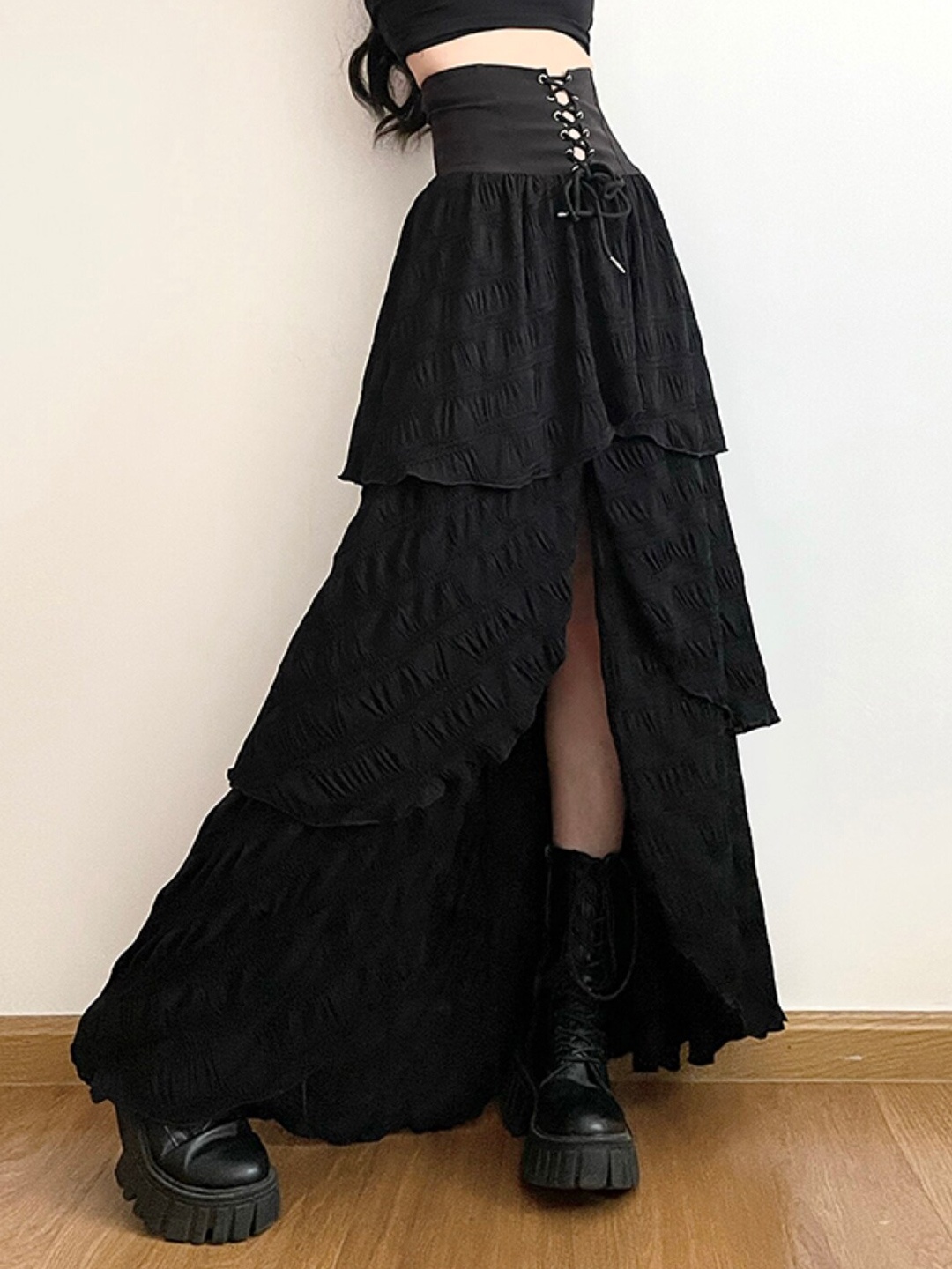 

Stylecast X KPOP Flared Tiered Maxi Skirt, Black