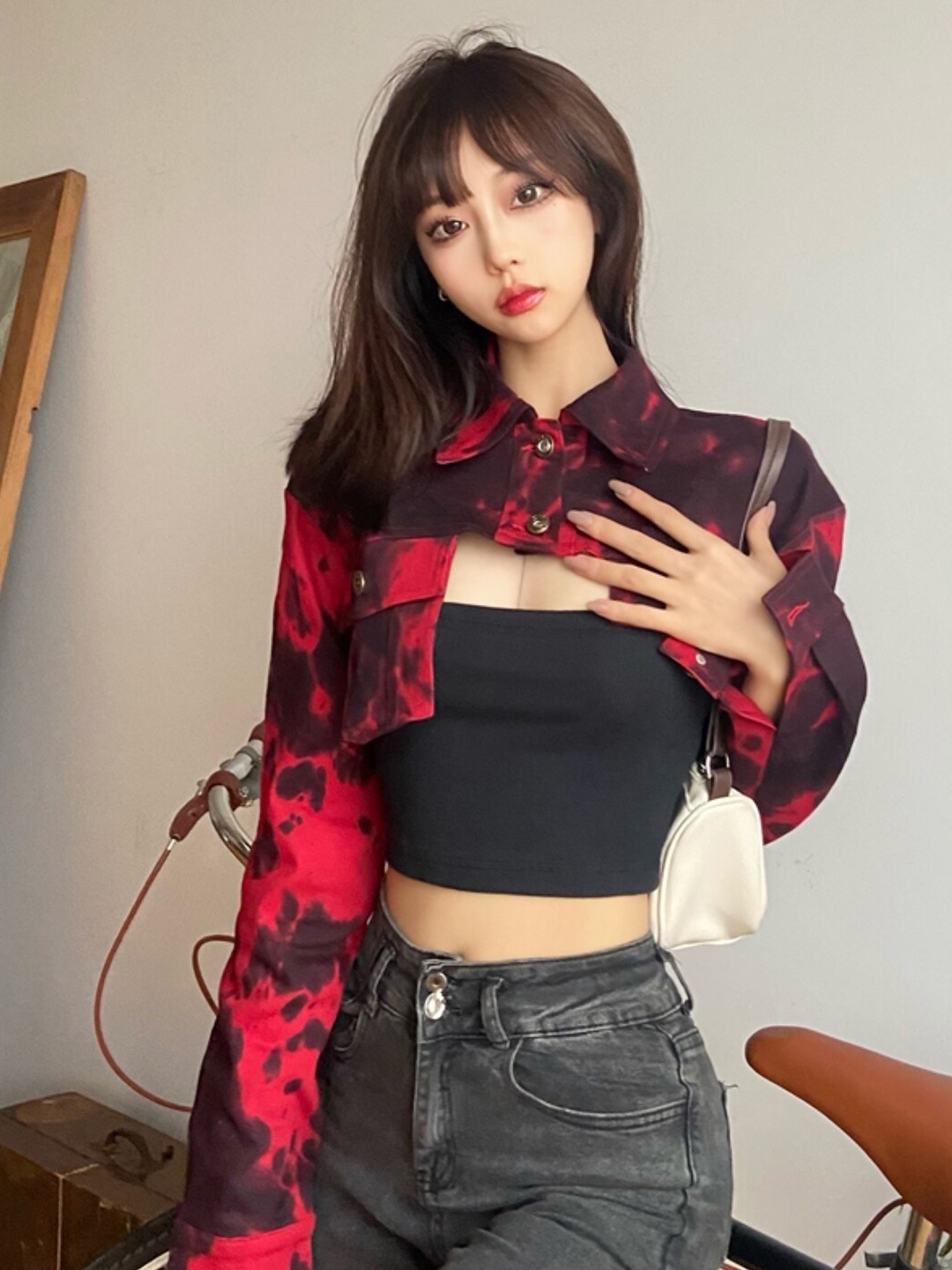

Stylecast X KPOP Floral Printed Shirt Collar Cuffed Sleeves Cotton Shirt Style Crop Top, Red