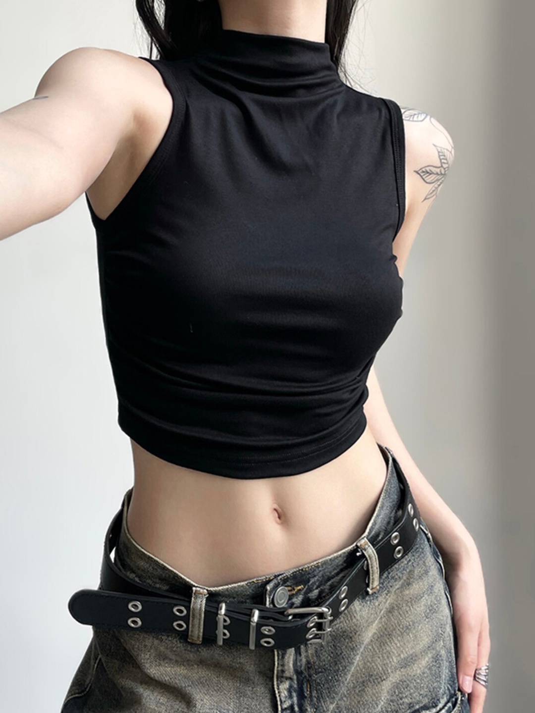 

Stylecast X KPOP Black High Neck Sleeveless Cotton Crop Top